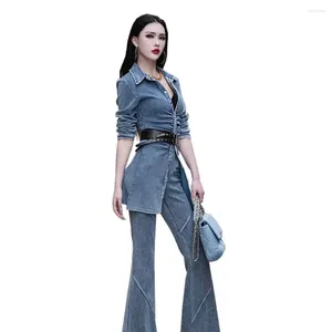 Women's Two Piece Pants Cool Women's Top Two-piece Set Denim Cardigan Long Belt 2023 Selling Item Suit