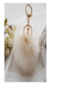 Gold Rabbit Furball Pompom KeyBchain Fur Key Rings Porte Clef Llaveros Pearl Keychain för Bag Charm Navidad Regalos4876634