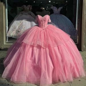 Rosa brilhante quinceanera vestidos mexicano fora do ombro vestido de baile contas cristal princesa longo doce 16 vestido de baile 15 ano