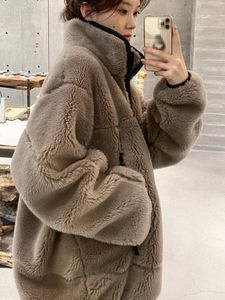 Gola de pele feminina solta ombro caído grosso quente casaco falso feminino japão moda fechamento com zíper roupas de inverno