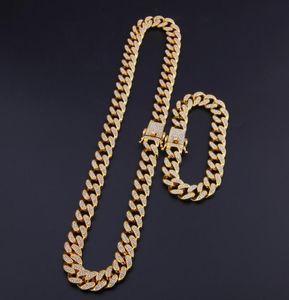 13 mm Miami Cuban Link Łańcuch Złota Srebrna Naszyjka Zestaw Bransoletki Zestaw Kryształowy Rhinestone Bling Hip Hop dla Men4958618