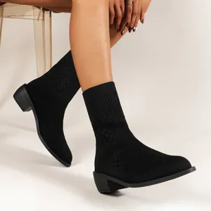 Botas femininas 2023 outono moda meia para mulheres malha preta curto de salto baixo tornozelo casual botas mujer