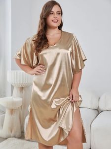 Mulheres Pijamas Plus Size Pijamas Vestidos V Necked para Mulheres Pijama Ruffled Mangas Curtas Side Split Homewear Feminino Nightwear Loungewear 231213