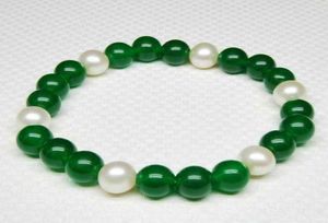 75quot 85quot 89mm White Pearl 8mm Green Jade Round Gems Beads Bangle Bracelet2621484