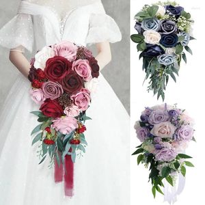 Dekorative Blumen Boho Wasserfall Hochzeit Brautstrauß Künstliche Rose Wassertropfenhalter Staubblaue Landdekoration