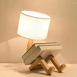 Estatuetas decorativas nórdico moderno robô em forma de luzes de mesa para sala estar flexível madeira lâmpadas led trabalhando aprendizagem decoração interior