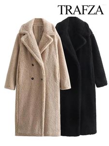 Women's Trench Coats TRAFZA 2023 Women Woolen Coat Soft Fitting Long Fashion Vintage Sleeve Autumn Winter Jacket Loose Overcoat Warm