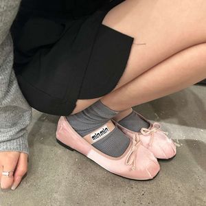 miui Shoes Early Spring 2024 Best-quality New Mary Jane Home Silk Pink Ballet Shoes Womens Bow French Flat Shoes