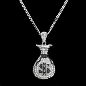 Hip hop ouro prata dinheiro saco de dinheiro pingente para homens mulheres bling cristal dólar charme colar com corrente cubana jóias 5796004