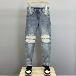 Mäns jeans snäva rör mager byxor smala passade trasiga trasiga man cowboybyxor rippade med hål svart plus storlek XS 90 -tals streetwear