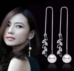 925 Sterling Silver Fashion Flower Dangle örhängen Luxur Pearl Long Tassel Leaves Crystal Ear Rings smycken för kvinnor4886347