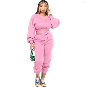 Women's Two Piece Pants Women Solid Olor Tracksuit 2 Set Autumn Winter Warm Fleece Long Sleeve Hoodie Jogger Suit Female Sportwear