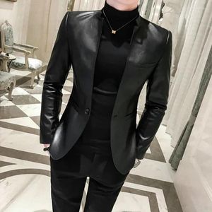 Men's Suits 2023 Fashion Casual Boutique Suit Leather Jacket / Men Solid Color Business Collar PU Blazers Dress Coat