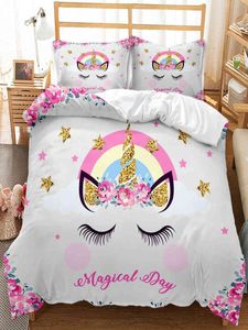 Kawaii Unicorn Girls Pink Luksusowe łóżko lniane King Bliźniacze koce pełnoziarniste Zestaw pościeli Kids9823131