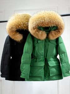 Women's Down Parkas Janveny enorm riktig tvättbjörn päls huva kvinnors korta pufferjacka vinter 90% fjäder anka ner kappa kvinnliga vattentäta parkor 231212