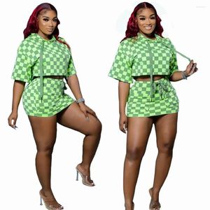 Work Dresses FNOCE Fall Women's Trendy Fashion Classic Plaid Printed T-shirt Hooded Top Short Skirt Set Casual Street Green Two Piece