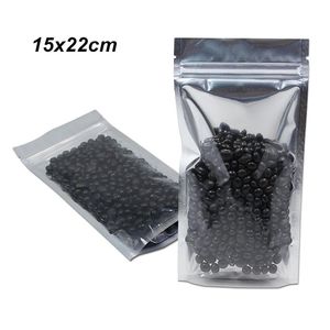 50Pcs 15x22cm Clear Silver Stand Up Foil Aluminum Food Storage Bags Mylar Foil Recycled Leakproof Pouches Heat Seal Zipper Packin275G