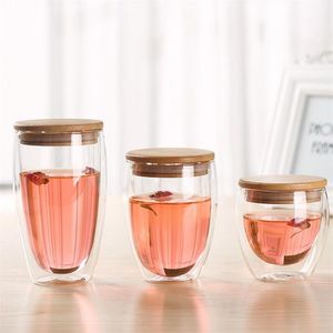 Heat Insulation Wine Cafe Juice Cup BPA Double Wall Glass For Bar Sealing Up Travel Coffee Mug With Bamboo LId Q1222313U