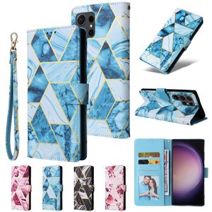 豪華なメッキ大理石のフォリオヴォーグ電話ケースiPhone 15 Plus 14 13 12 11 Pro Max Samsung Galaxy S23 Ultra Wristband Multer Card Slots Leather Wallet Bracket Shell