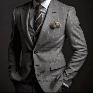 Ethnic Clothing Fashion Dark Grey Plaid Suits Mens Wedding Groom Tuxedo Business Blazer Slim Fit 3 Piece Daily Jacket Vest Pants Costume Homme 231213