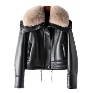 Fox Fur Collar Sheepskin Leather Jacket Winter Fur Coats Women Clothes Thick Warm Outerwear Hip Hop Tops Outdoor Overcoat Designer