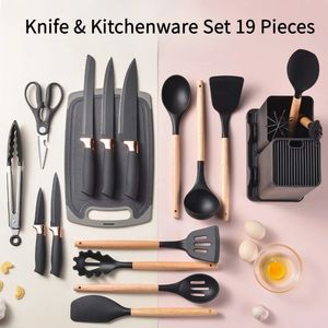 Kochgeschirr-Sets, 19-teilig, hochtemperaturbeständiges Silikon-Set, mehrfarbig, Buchengriff, Küchenutensilien, antihaftbeschichtet, mit Aufbewahrungseimer 231213