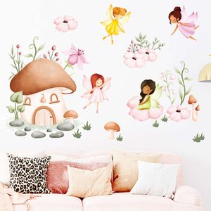 Aquarell-Cartoon-Feen-Garten und Pflanzen-Wandaufkleber, Blumen-Pilz-Wandaufkleber für Baby-Mädchen-Kinderzimmer-Schlafzimmer-Dekor