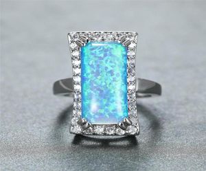 Wedding Rings Vintage Silver Color Ring Big Rectangle Stone Engagement Cute Female White Blue Fire Opal For Women Jewelry3362486