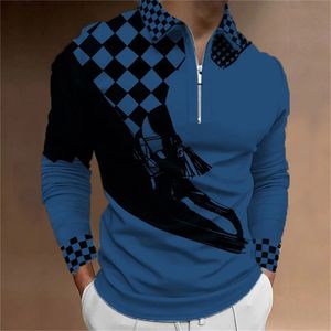 Polos masculinos Primavera Outono Quatro Quadrados Xadrez Homens Manga Longa Polo Camisa Casual Negócios Botão Tops Moda Polo Camisas Homem Roupas 231212