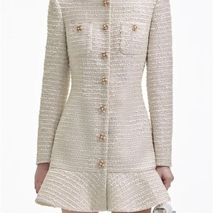 Basic Casual Dresse 2024 Dress Tweed Little Fragrance British Royal Style Round Neck Long Sleeve Off White Underdress Couture 231212