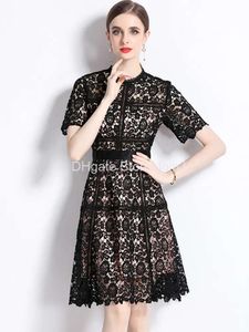 Basic Casual Dresses Women New Fashion Summer Lace Hollow Out Dress Ladies Short Sleeve O-Neck Streetwear Dresses Vestidos Female Clothing 2024