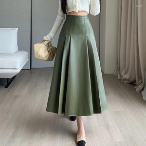 Skirts Pleated Leather Skirt Women Autumn Winter Korean Fashion Party OL Business Work Long Green Black High Quality