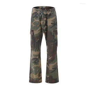 Calças de brim masculinas harajuku macacão camuflagem casual trompete calças soltas multi-bolso streetwear denim hip hop calças flare