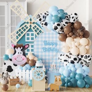 Decorazioni natalizie 123pcs Farm Animal Tema Balloon Ghirlanda Stampa palloncini blu per la festa di compleanno di Birthday Boy Western 231213