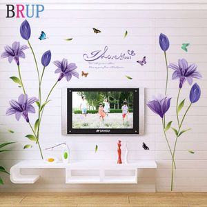 Romantic Purple Lily Flower Wall Sticker Tv Sofa Decoration Art Vinyl Home Decor Beautiful Flower Wallpaper Butterfly Wall Decal