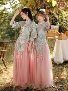 エスニック衣類中国の妖精の姉妹花嫁介添人ドレスセット女性の夏エレガントなタンコスチュームハンフドレスチャイナスタイル伝統的