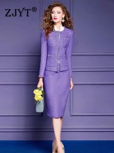 Two Piece Dress ZJYT Luxury Beading Sequins Dress Sets 2 Piece Women Elegant Party Purple Tweed Woolen Jacket Skirt Suit Office Lady Outfit 4XL 231212