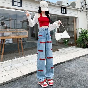 Calças femininas 2023 mulheres y2k carta padrão jeans estilo preppy moda harajuku cintura alta reta 90s streetwear azul denim