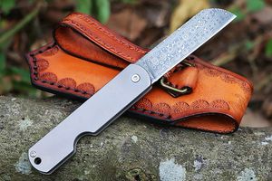 High Quality M7691 Pocket Folding Knife 8Cr13Mov Damascus Steel Blade CNC Finish Titanium Alloy Handle Outdoor EDC Gear Fruit Knives with Leather Sheath