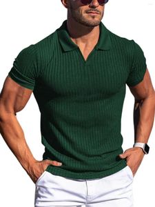 Camisas masculinas polo camiseta moda lapela decote em v listras verticais manga curta