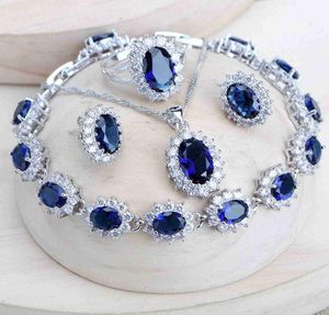 Silver 925 Women Bridal Jewelry Sets Blue Zirconia Costume Fine Jewellery Wedding Necklace Earrings Rings Bracelets Pendant Set4659114