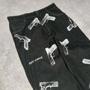 Мужские джинсы с геометрическим узором и принтом Хип-хоп Эстетическая готическая мода Y2k Свободные широкие черные спортивные штаны для бега Ленивый стиль Повседневная