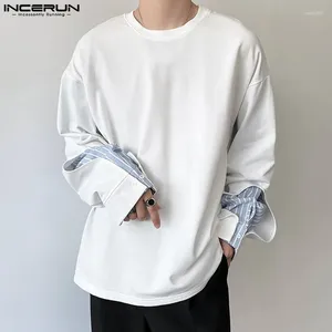Männer T-shirts Männer Hemd Gestreiften Patchwork Lose Oansatz 2023 Langarm Casual Kleidung Streetwear Koreanischen Stil T Tops S-5XL INCERUN