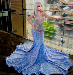 Sparkly Diamond Prom klänningar Rhinestone Sequin Mermaid Party -klänningar för kvinnor ren nacke aftonklänningsrockar de soiree
