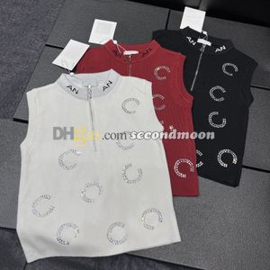 Maglietta con mezza cerniera Maglietta da donna con lettere con strass Canottiera in maglia stile casual Canottiere elastiche di design