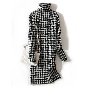 Urban Sexy Dresses Bird lattice Turtleneck Basic Soft Loose Knitted Women s Sweater Dress Korean Fashion Vintage Elegant Jumpers for Women 231213