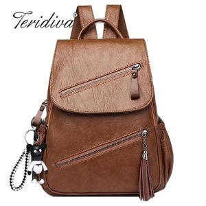 Vintage Tassels Backpack Women Retro PU Leather Rucksack Big Capacity School Bag For Teenager Girl Travel Bolsas Y201224303B