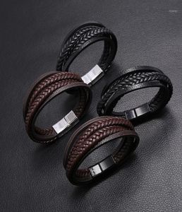 Charm Bracelets Braided Brown Color Leather For Men Armband Heren Trendy Steel Bangle With Magnetic Buckle8766258