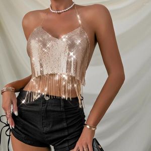 Canotte da donna Clubwear da sera Halter Backless Colore dorato Top sexy Nappe Paillettes Appeso al collo Senza maniche Canotte da donna Abiti da festa