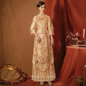 Roupas étnicas Estilo Chinês Champagne Xiuhe Terno Mulheres Alta Qualidade Qipao Vestido para Festa de Casamento Tradicional Cheongsam Brinde 231212